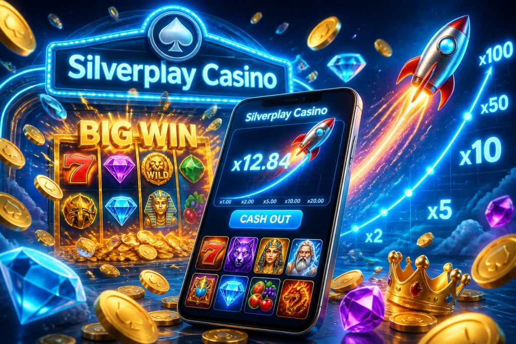 Crash-Game mit steigendem Multiplikator und Slot-Auswahl auf dem Smartphone von Silverplay Casino